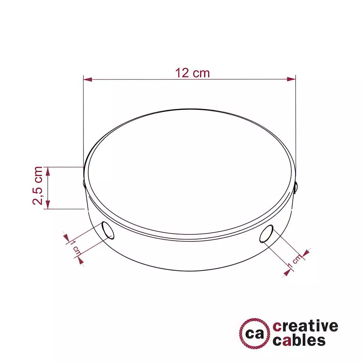 Strak design 120 mm. cilindrische metalen plafondkap met 4 zijgaten (verdeeldoos)