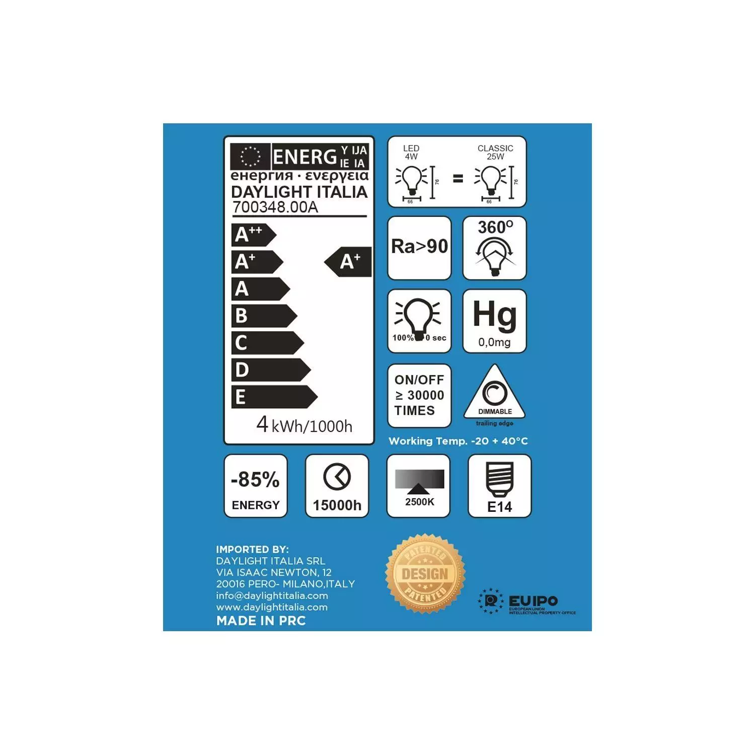 DASH D66 White Frosted LED lichtbron met recht filament   4W E14 Dimbaar 2700K