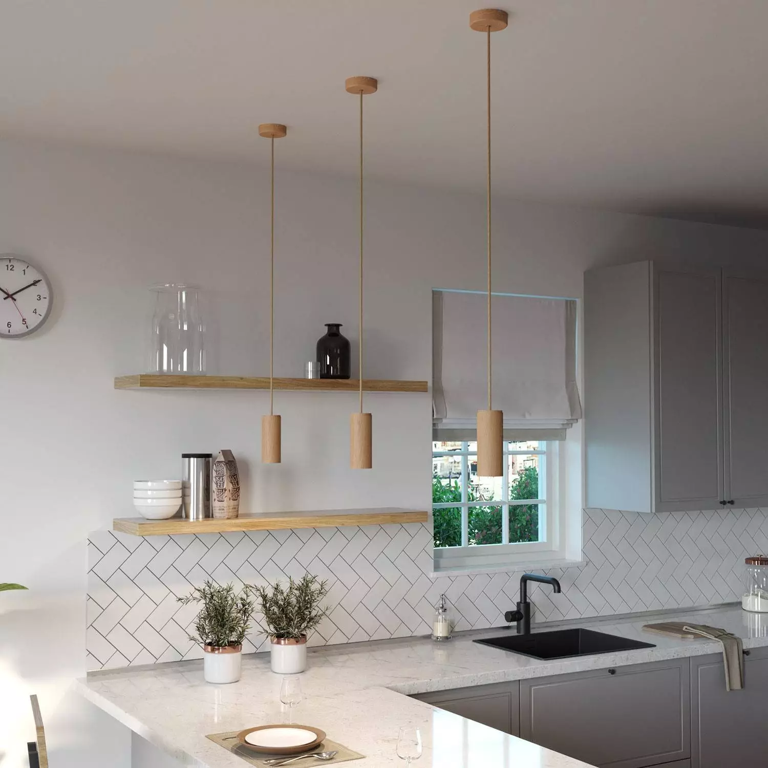 Hanglamp compleet met strijkijzersnoer en Tub-E14 houten kap