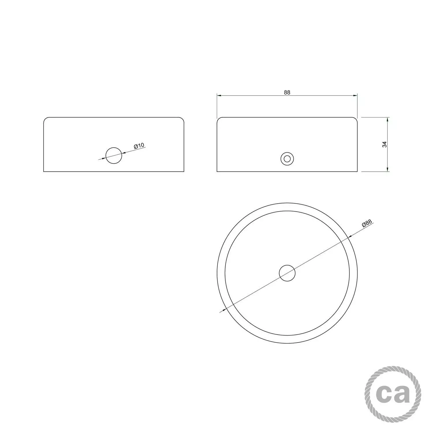 Kit mini houten cilindervormige plafondkap met 1 centraal gat en 2 zijdelingse gaten