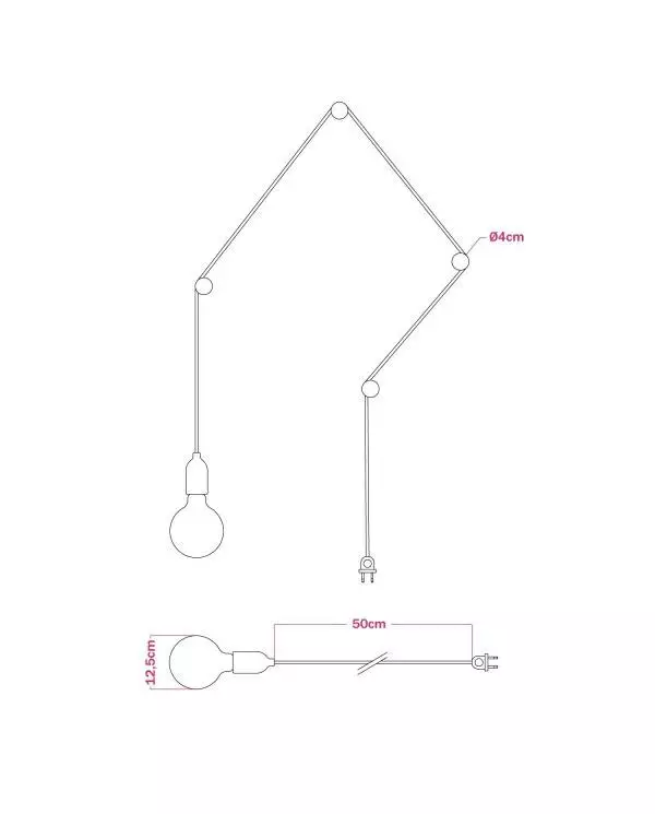 Verplaatsbare Snake lamp met metalen fitting en stekker, met 4 Rolé kabelbinders