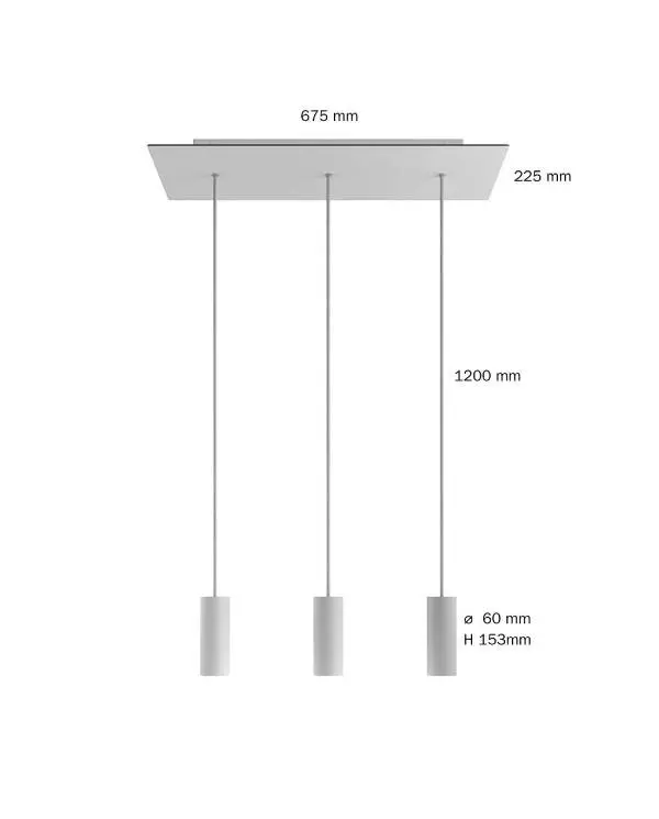 3 lichts-hanglamp voorzien van XXL rechthoekige Rose-One 675 mm compleet met strijkijzersnoer en Tub E14 metalen lampenkap