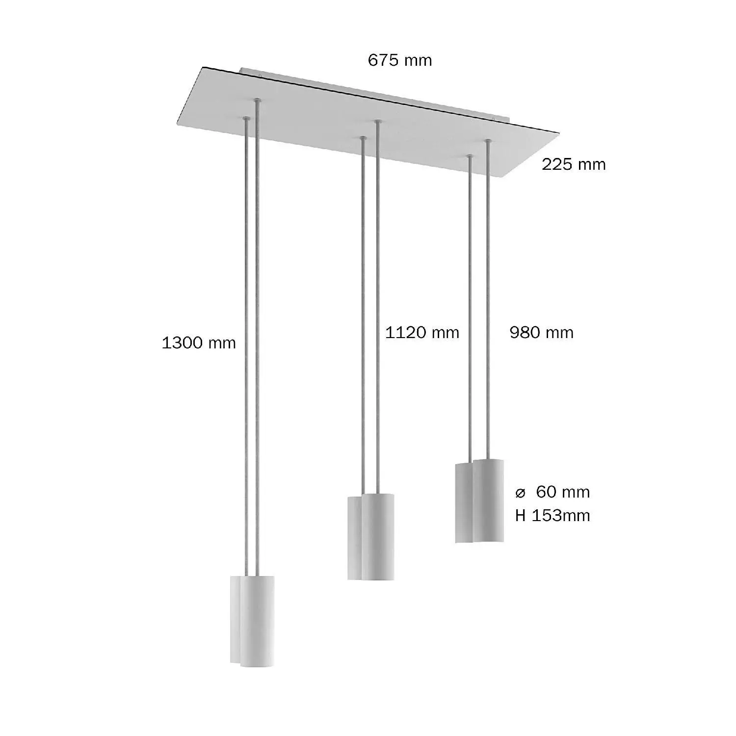 6 lichts-hanglamp voorzien van XXL rechthoekige Rose-One 675 mm compleet met strijkijzersnoer en Tub E14 metalen lampenkap