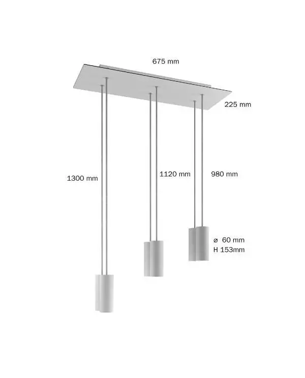 6 lichts-hanglamp voorzien van XXL rechthoekige Rose-One 675 mm compleet met strijkijzersnoer en Tub E14 metalen lampenkap