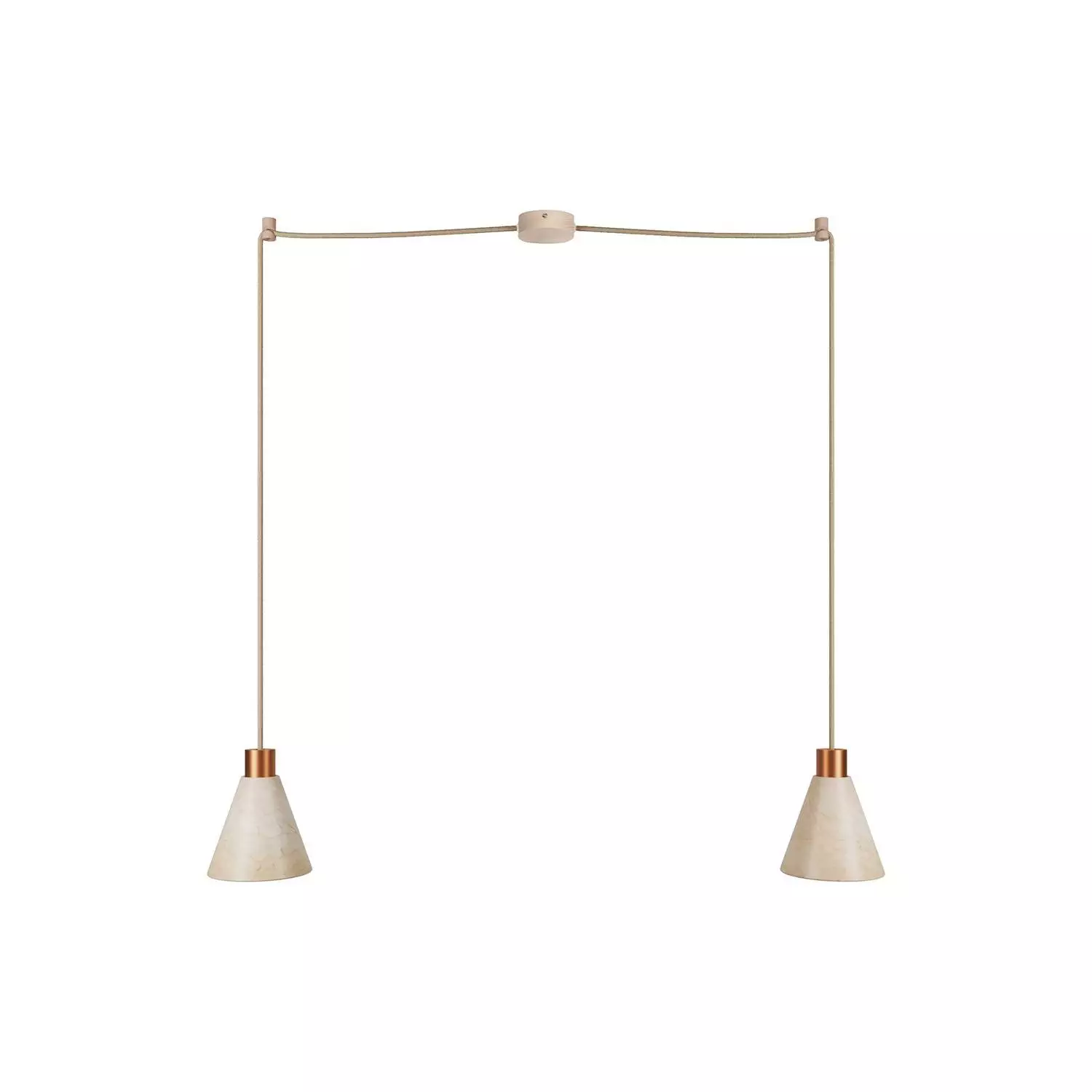 Tweevoudige hanglamp met kegelvormige houten lampenkappen