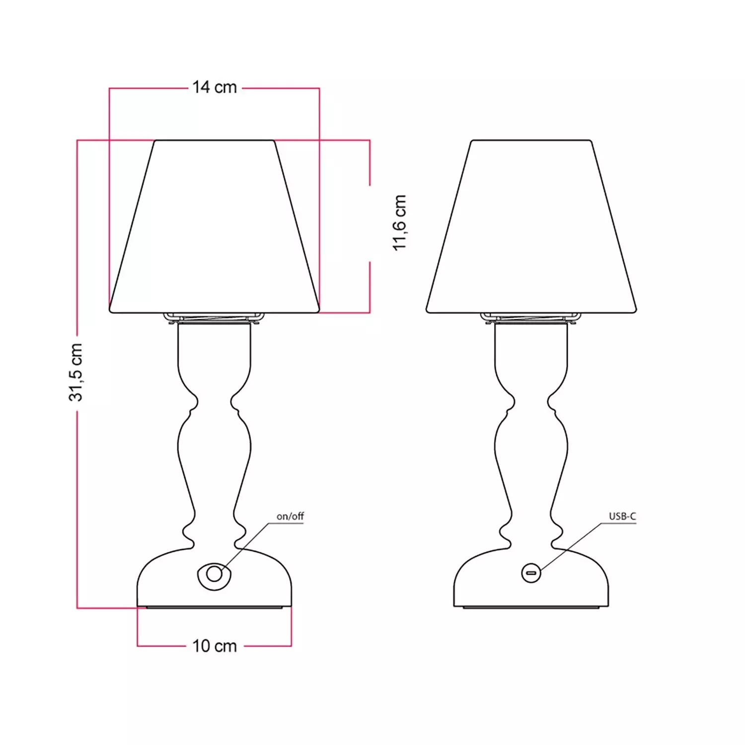 Cabless14 draagbare oplaadbare lamp met druppelvormige lichtbron en kap