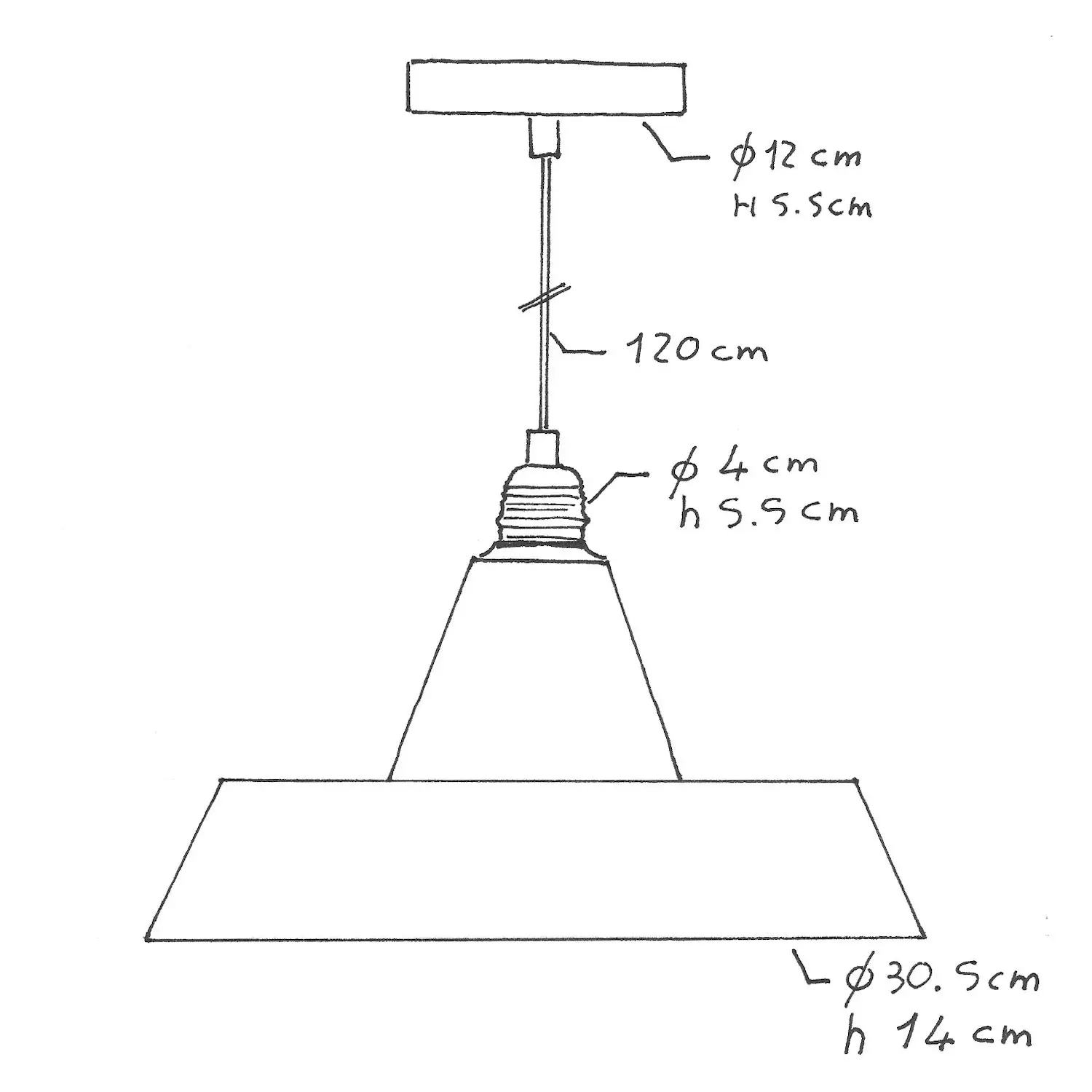 Hanglamp vervaardigd in Italië met textielkabel, industriële kap en metalen afwerking