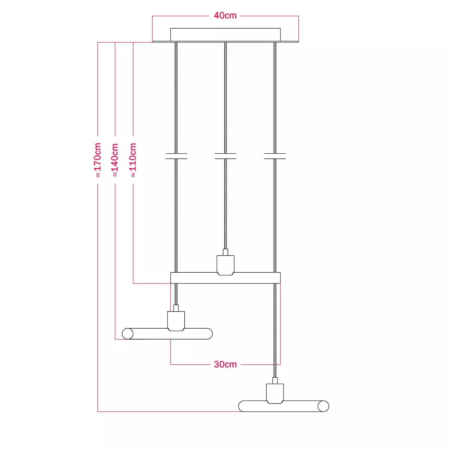 Esse14 hanglamp met 3 asymetrische hangen, komt met Rose-One compleet met textielkabels en metalen afwerkingen