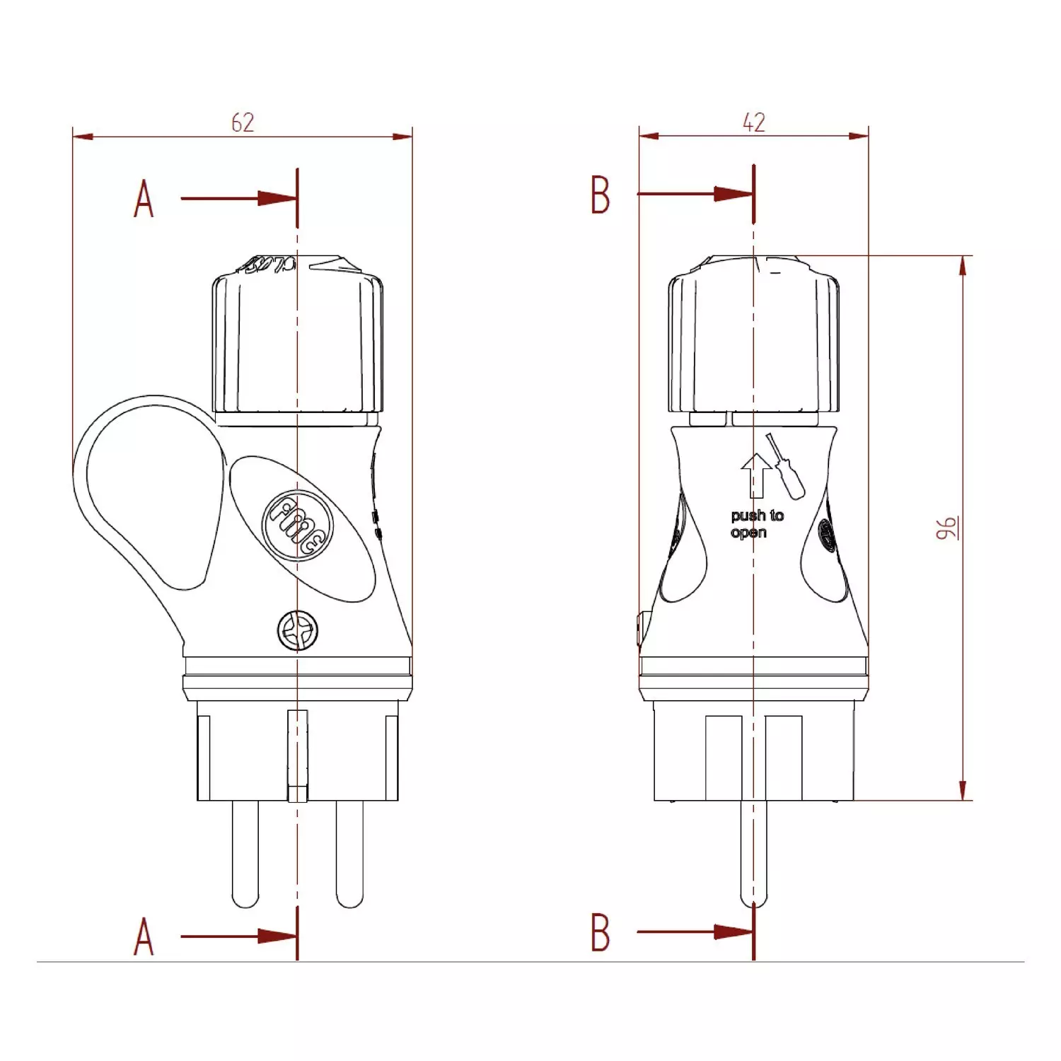 Zwarte Schuko-stekker met 16A 250V IP44 ring voor EIVA-systeem