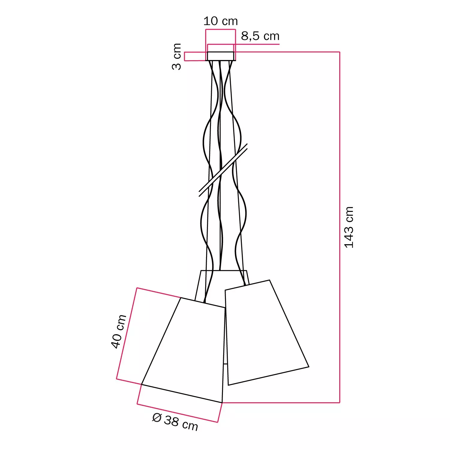 Trittico kroonluchter met tweekleurige kegelvormige lampenkap - Made in Italy