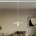 Houten track lamp met textiel kabel en UFO lampenkap