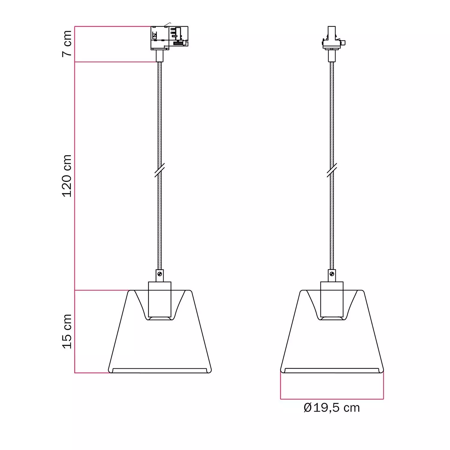 Hanglamp met transparante kegelvormige Ghost lamp voor rails