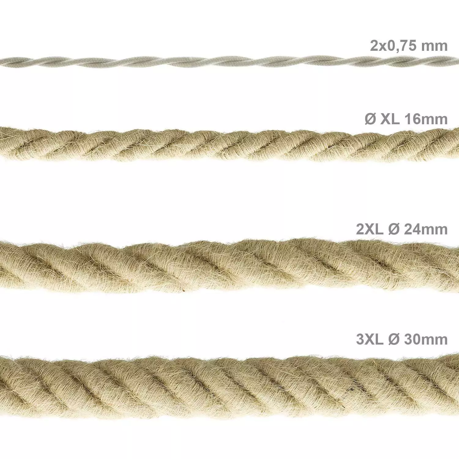 Electrische 2XL touwkabel, 3 x 0,75 mm. Binnenkabels bedekt met textiel en jute. Diameter 24 mm.