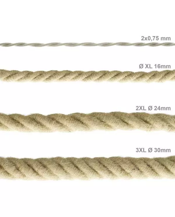 Electrische 2XL touwkabel, 3 x 0,75 mm. Binnenkabels bedekt met textiel en jute. Diameter 24 mm.