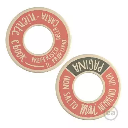 MINI-UFO: reversible wooden disk READING BALLSH*T collection, subject PAGINA + PROFUMO DELLA CARTA