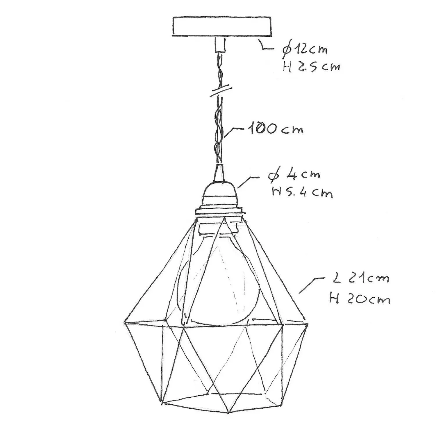 Hanglamp vervaardigd in Italië met textielkabel, diamantkooi kap en metalen afwerking