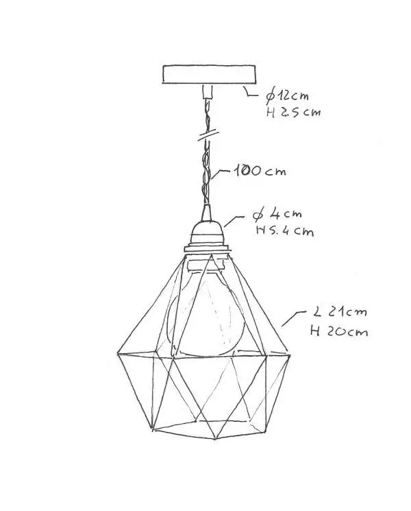 Hanglamp vervaardigd in Italië met textielkabel, diamantkooi kap en metalen afwerking