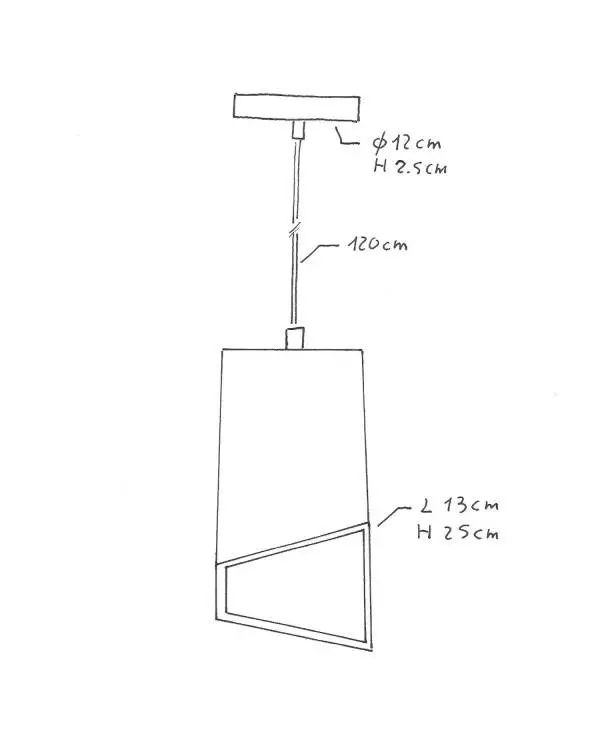 Hanglamp vervaardigd in Italië met textiel kabel, Prisma kap in cement en metalen afwerking