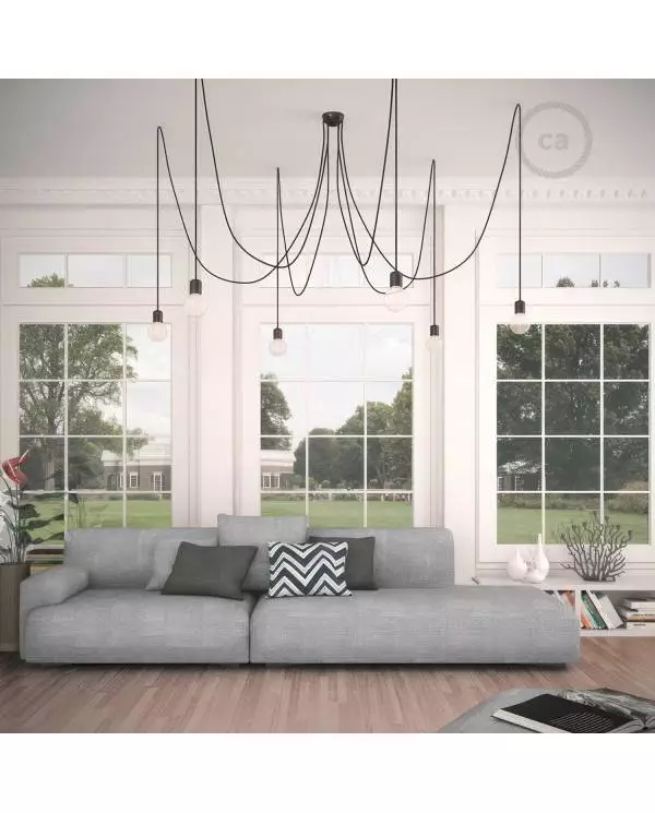 Made in Italy suspension with 6 pendants complete with bulbs, fabric cable, and coloured ceramic finishes