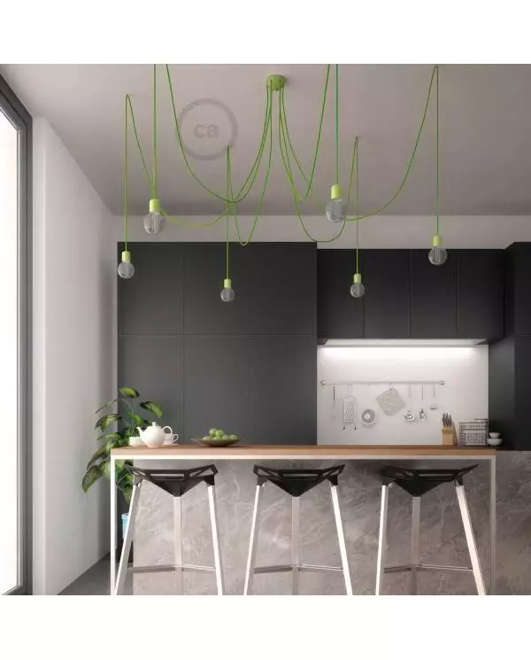 Made in Italy suspension with 6 pendants complete with bulbs, fabric cable, and coloured ceramic finishes