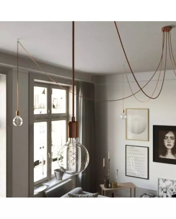 Spider - Suspension with 5 pendants Made in Italy complete with bulbs, fabric cable, and metal finishes