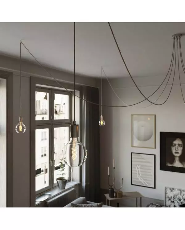 Spider - Suspension with 6 pendants Made in Italy complete with bulbs, fabric cable, and metal finishes