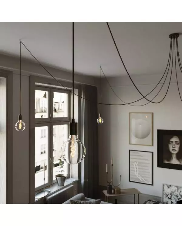 Spider - Suspension with 6 pendants Made in Italy complete with bulbs, fabric cable, and metal finishes