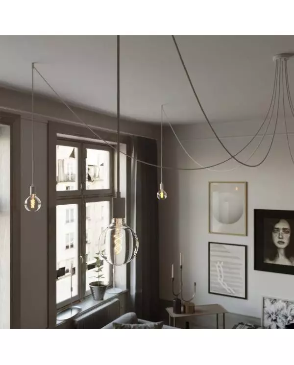 Spider - Suspension with 6 pendants Made in Italy complete with bulbs, fabric cable, and metal finishes