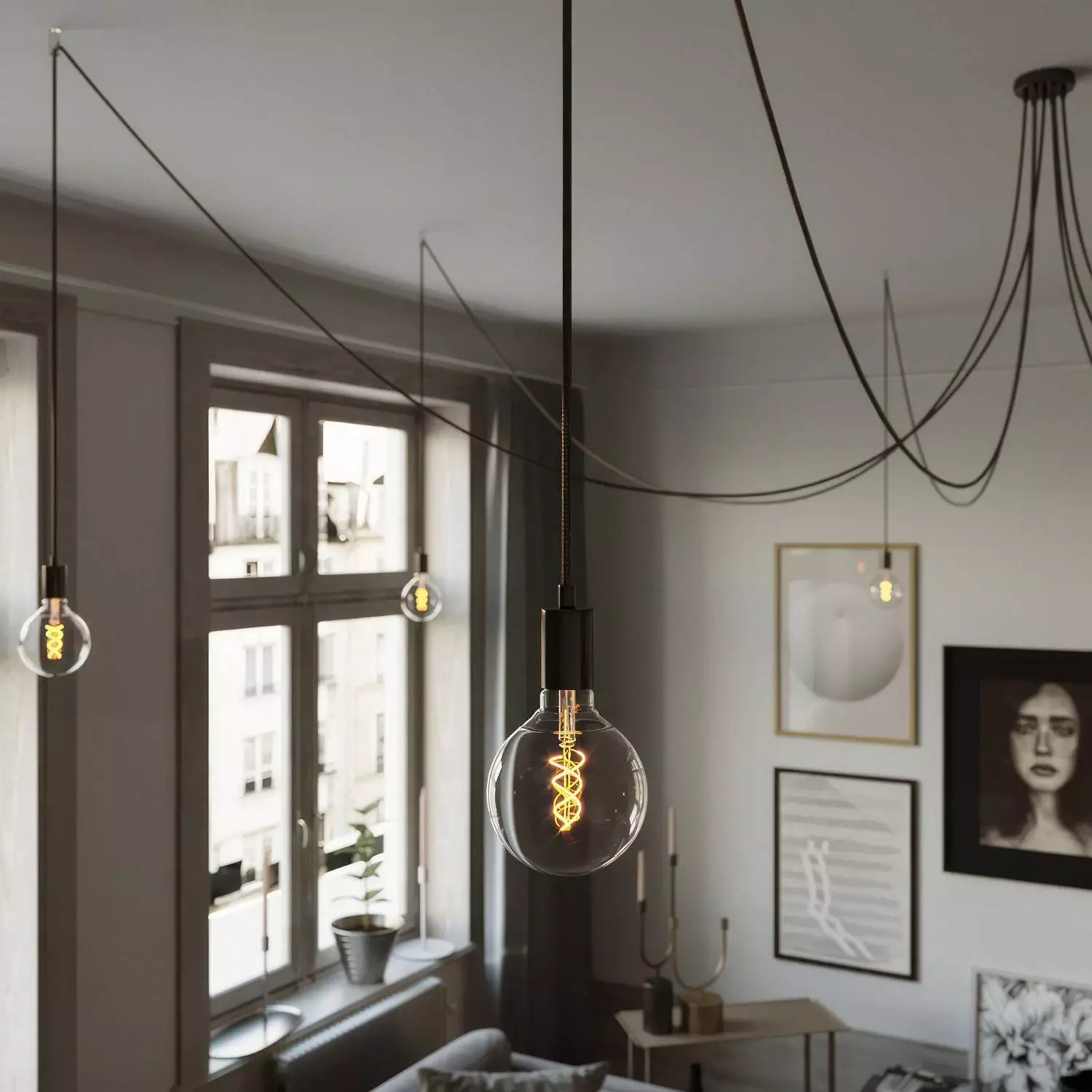 Spider - Suspension with 7 pendants Made in Italy complete with bulbs, fabric cable, and metal finishes