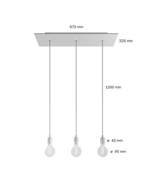 3 lichts-hanglamp voorzien van XXL rechthoekige Rose-One 675 mm compleet met strijkijzersnoer en metalen afwerking