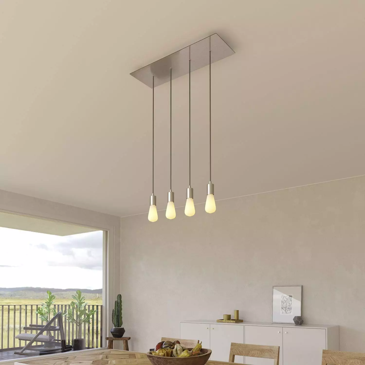 4 lichts-hanglamp voorzien van XXL rechthoekige Rose-One 675 mm compleet met strijkijzersnoer en metalen afwerking