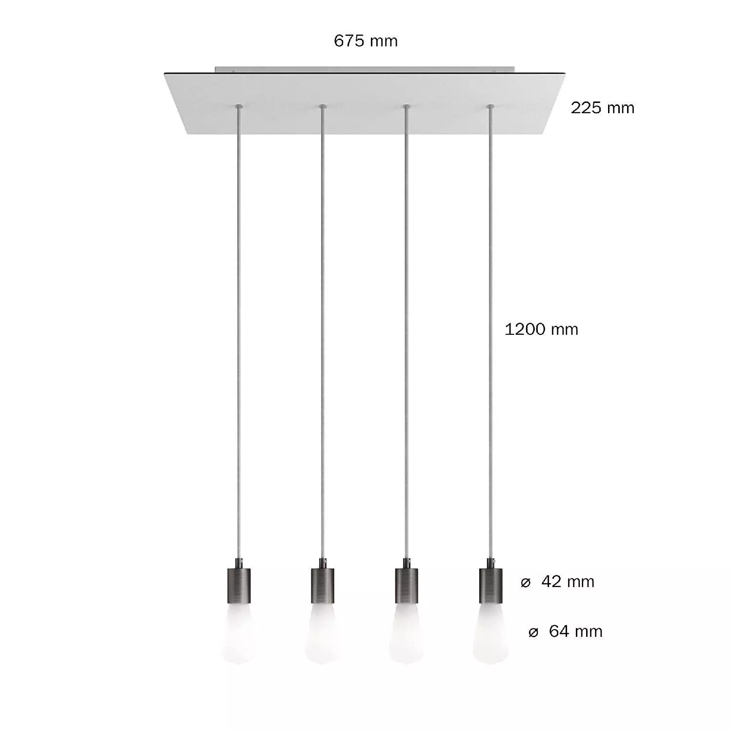 4 lichts-hanglamp voorzien van XXL rechthoekige Rose-One 675 mm compleet met strijkijzersnoer en metalen afwerking