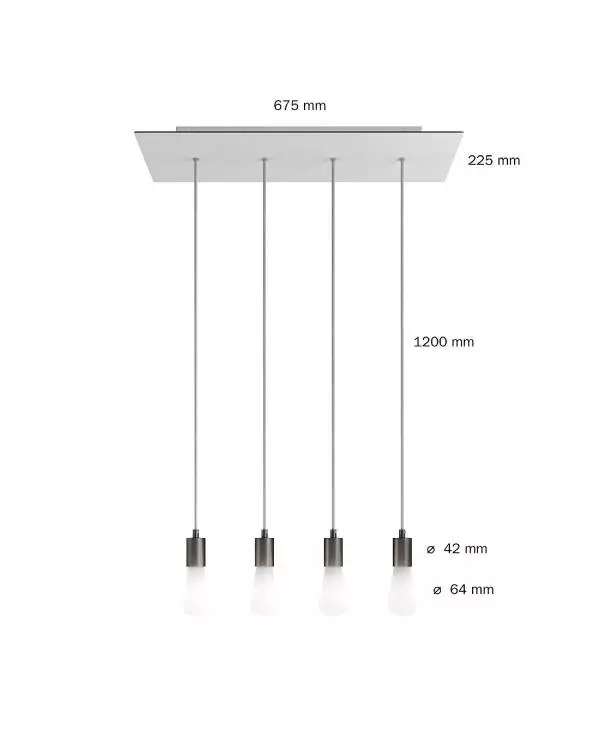 4 lichts-hanglamp voorzien van XXL rechthoekige Rose-One 675 mm compleet met strijkijzersnoer en metalen afwerking