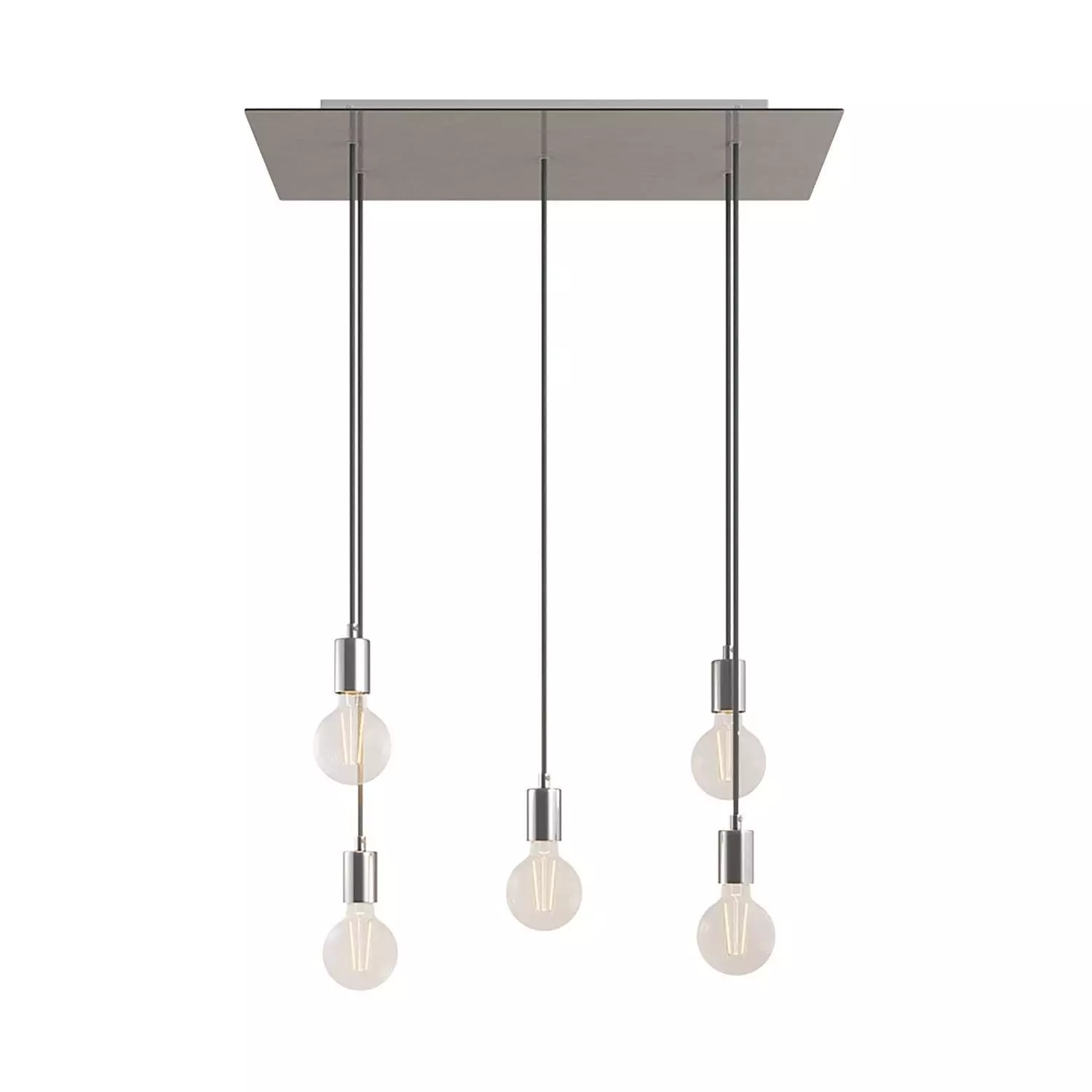 5 lichts-hanglamp voorzien van XXL rechthoekige Rose-One 675 mm compleet met strijkijzersnoer en metalen afwerking