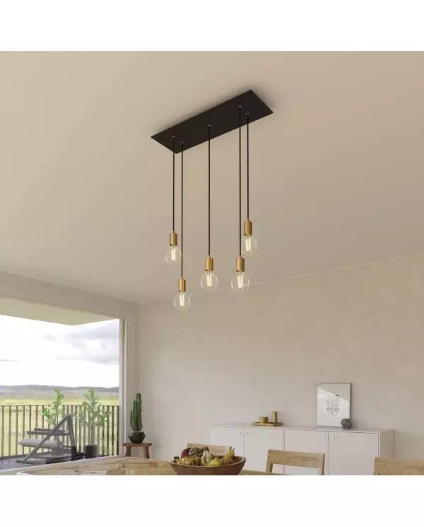 5 lichts-hanglamp voorzien van XXL rechthoekige Rose-One 675 mm compleet met strijkijzersnoer en metalen afwerking