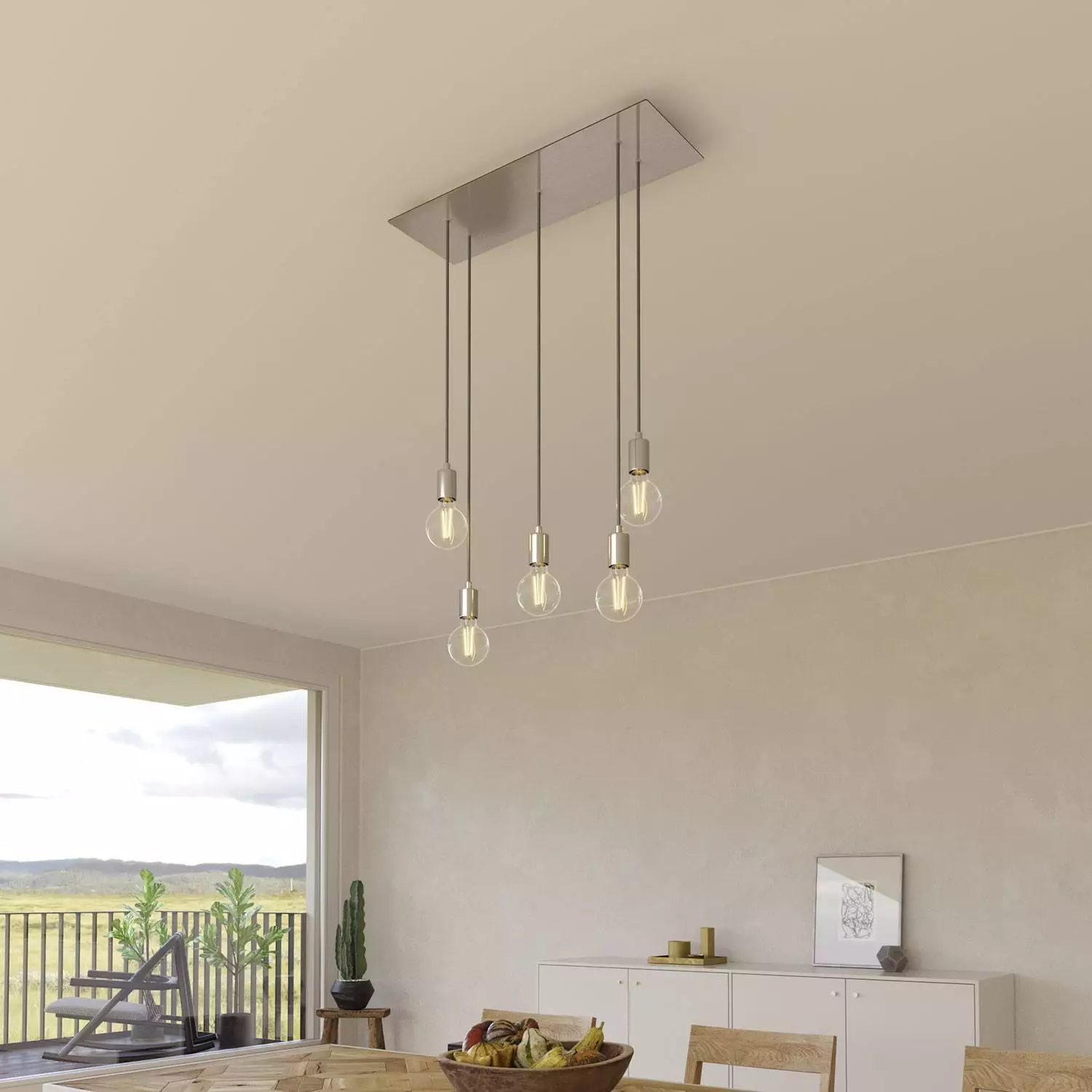 5 lichts-hanglamp voorzien van XXL rechthoekige Rose-One 675 mm compleet met strijkijzersnoer en metalen afwerking