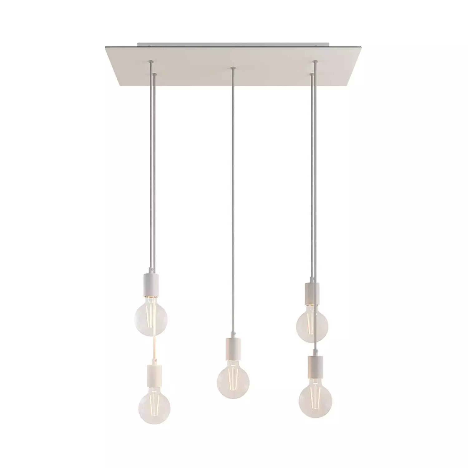 5 lichts-hanglamp voorzien van XXL rechthoekige Rose-One 675 mm compleet met strijkijzersnoer en metalen afwerking