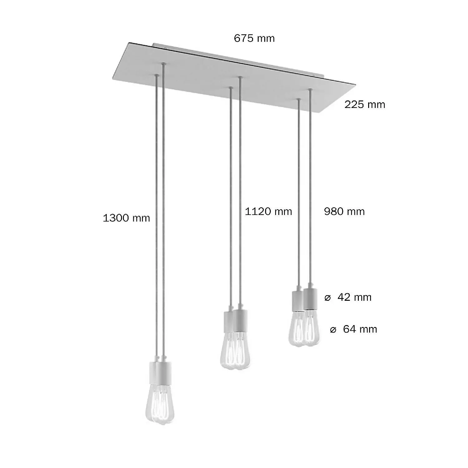 6 lichts-hanglamp voorzien van XXL rechthoekige Rose-One 675 mm compleet met strijkijzersnoer en metalen afwerking