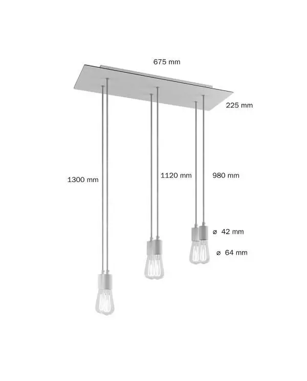 6 lichts-hanglamp voorzien van XXL rechthoekige Rose-One 675 mm compleet met strijkijzersnoer en metalen afwerking