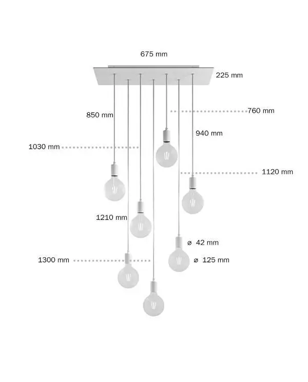 7 lichts-hanglamp voorzien van XXL rechthoekige Rose-One 675 mm compleet met strijkijzersnoer en metalen afwerking