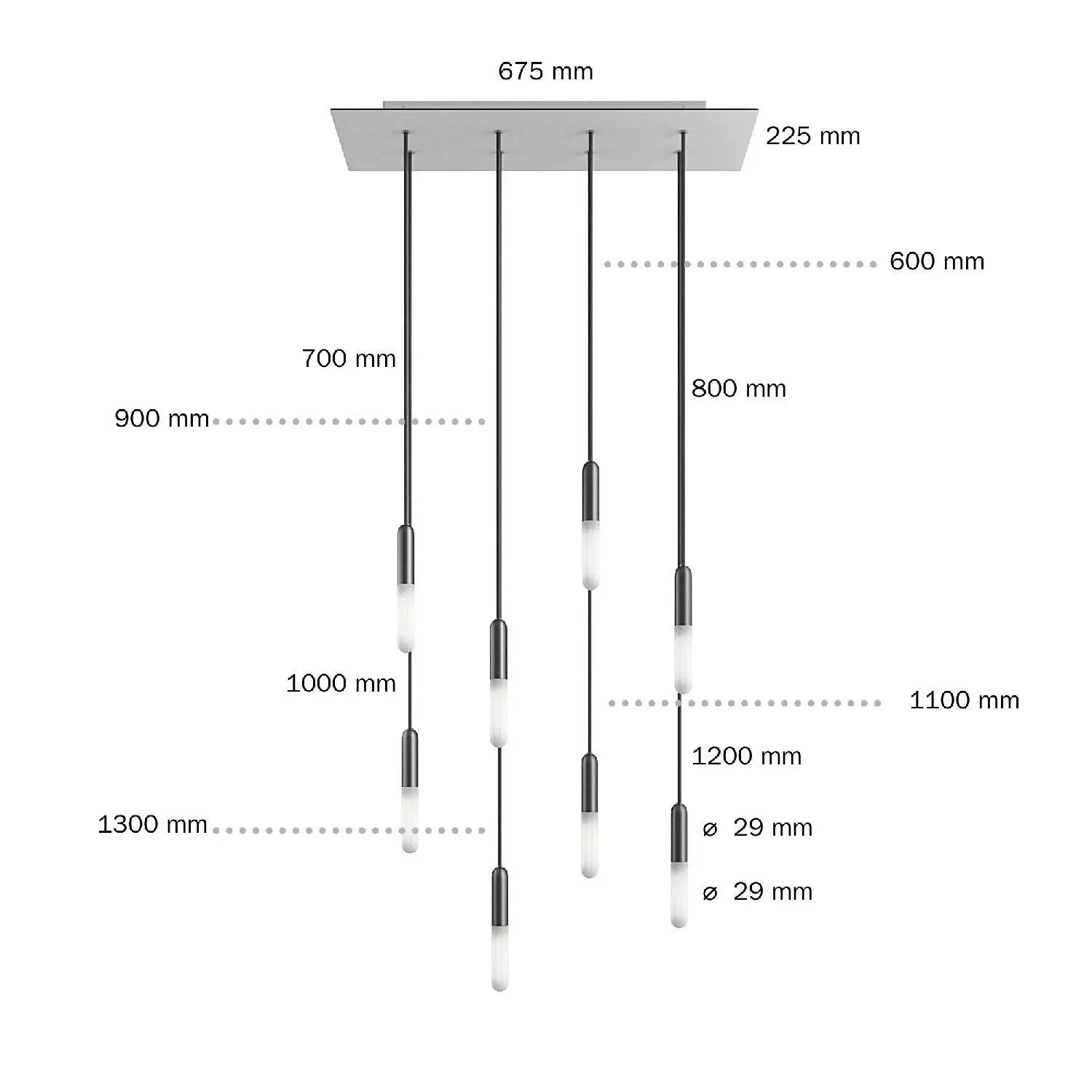 8 lichts-hanglamp voorzien van XXL rechthoekige Rose-One 675 mm compleet met strijkijzersnoer en metalen afwerking