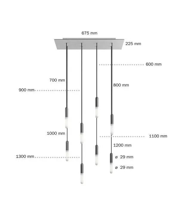 8 lichts-hanglamp voorzien van XXL rechthoekige Rose-One 675 mm compleet met strijkijzersnoer en metalen afwerking