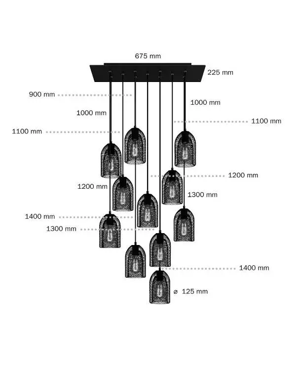 11 lichts-hanglamp voorzien van XXL rechthoekige Rose-One 675 mm compleet met strijkijzersnoer en Ghostbell metalen lampenkap