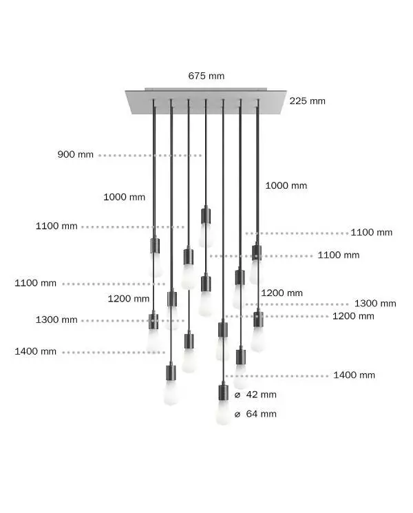 14 lichts-hanglamp voorzien van XXL rechthoekige Rose-One 675 mm compleet met strijkijzersnoer en metalen afwerking