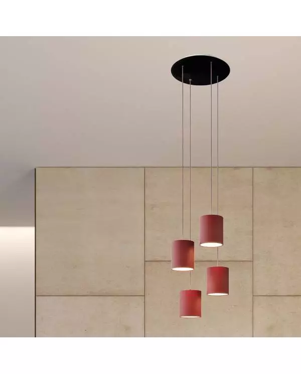 4 lichts-hanglamp voorzien van XXL ronde Rose-One 400 mm compleet met strijkijzersnoer en stoffen Cilindro-lampenkap