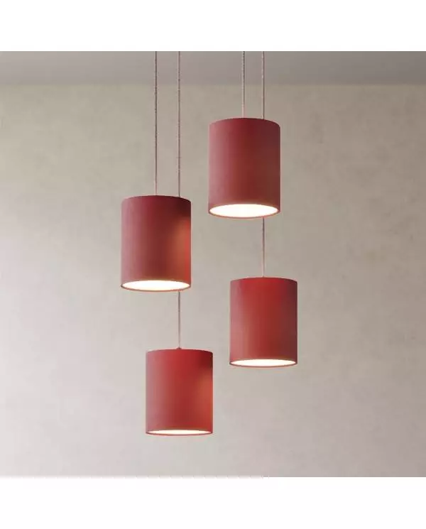 4 lichts-hanglamp voorzien van XXL ronde Rose-One 400 mm compleet met strijkijzersnoer en stoffen Cilindro-lampenkap