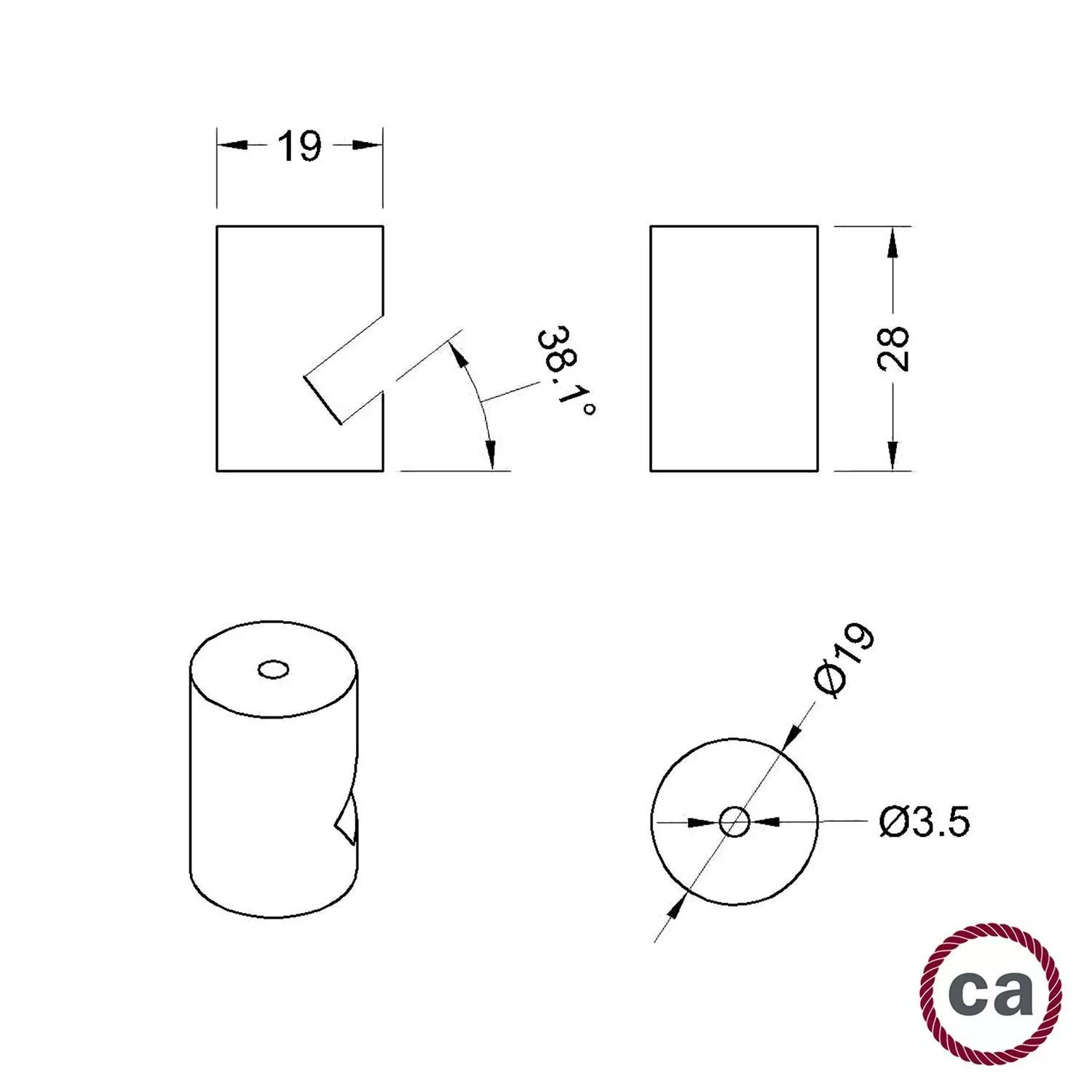 Decentralisator, "V-haak" voor wand- of muurbevestiging, voor textielen elektriciteitskabel