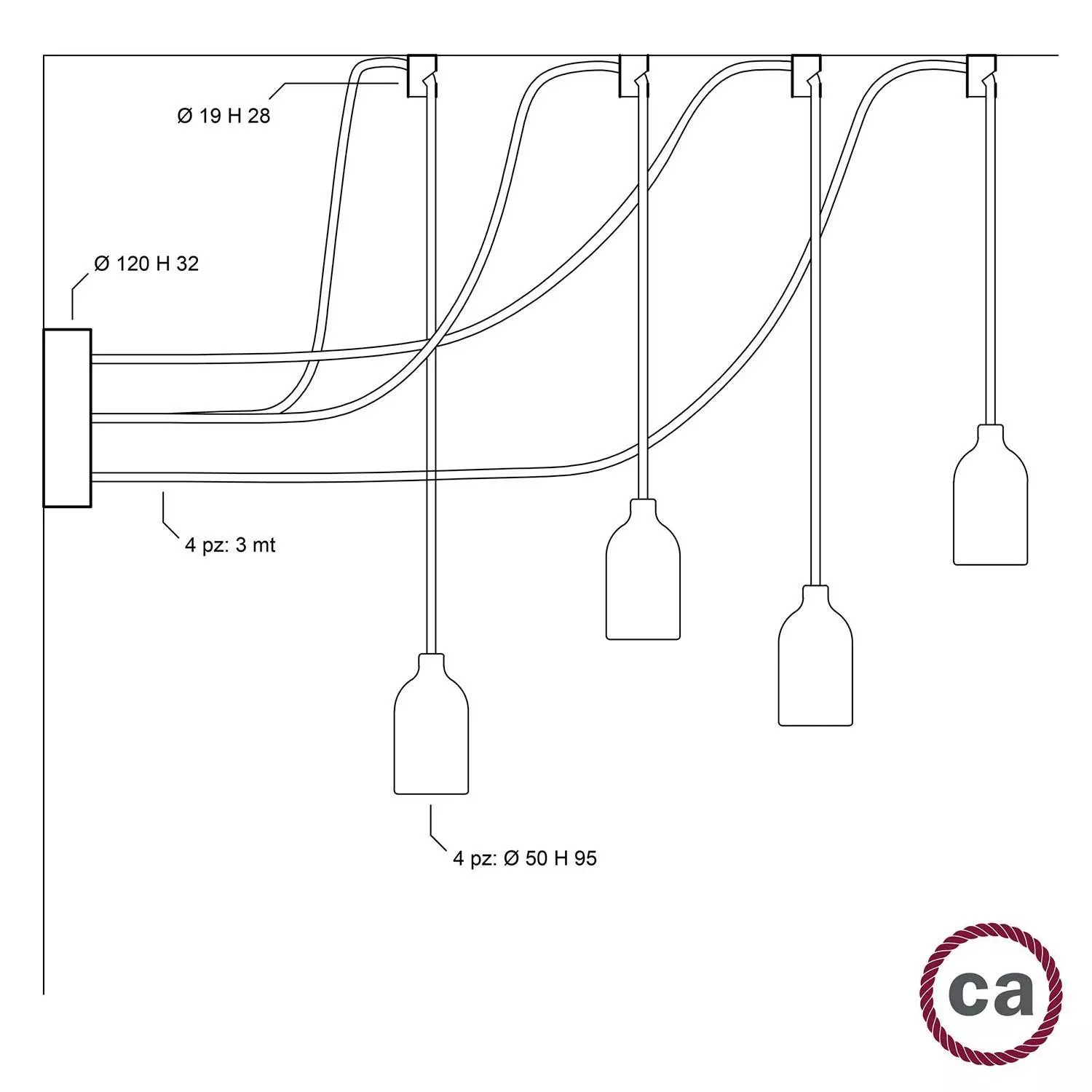 Spider - Multi-hanglamp Made in Italy met 4 lichtpunten, compleet met strijkijzerkabel en houten afwerkingen