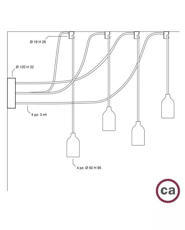 Spider - Multi-hanglamp Made in Italy met 4 lichtpunten, compleet met strijkijzerkabel en houten afwerkingen