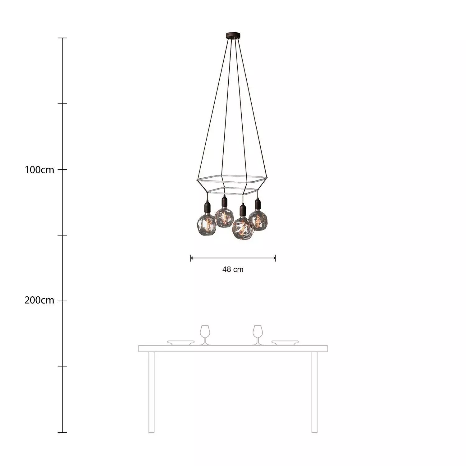 4 Pendels dubbele Cage incl. gedeukte Globe Lamp